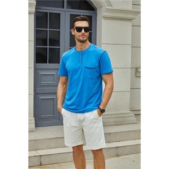 Men's Blue Shirt Classic Short/Long Sleeve Lightweight Button Cotton T-shirts - Picture 4 of 7